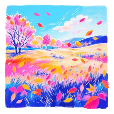 A vibrant scene depicts "wind swirls" in motion across "an open field." The colorful autumn leaves, in hues of orange, red, and yellow, are being caught up in these swirling currents. The leaves are seen twisting and turning as they dance through the air. The grass in the field is a mix of green and brown, indicating the changing season. A few bare trees stand at the edge of the field, their branches swaying slightly in the breeze. The sky above is clear with a bright blue hue, enhancing the vivid colors of the leaves and landscape.