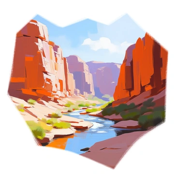 A grand ancient canyon showcasing towering layered rock formations in shades of red, orange, and brown. The canyon walls rise steeply, displaying the intricate textures of the rocks, revealing centuries of geological history. Below, a meandering river flows gently, its waters reflecting the hues of the canyon walls. The riverbanks are dotted with patches of green vegetation, creating a contrast against the rugged landscape. In the distance, the sky is vast and clear, enhancing the grandeur of this natural wonder.
