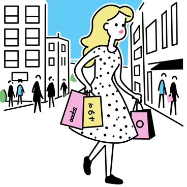 A pinup girl with red lipstick and long, wavy blonde hair is walking down a city street. She is wearing a polka-dotted dress with a fitted waist and a flared skirt. In her hands, she carries several colorful shopping bags, featuring logos in bright colors. The background shows tall buildings with large windows and a clear blue sky. The street is bustling with people, and there are a few small trees along the sidewalk.