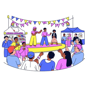 A lively cultural festival setting with colorful decorations and banners. People are gathered together, watching various performances on a stage. There are performers in bright costumes, showcasing dance and theatrical acts that celebrate LGBTQ+ stories. Attendees are smiling and clapping, and some are holding rainbow flags. The atmosphere is filled with excitement and energy, as food stalls and craft booths line the background, offering a diverse array of cultural foods and handmade items.