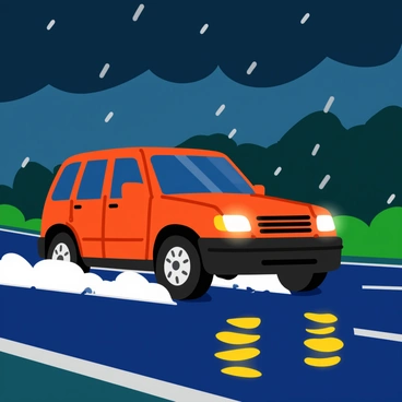 A crossover SUV in a vibrant color is driving on a slick, wet highway. The rain is pouring down heavily, forming small puddles on the road surface. The headlights of the SUV are illuminated, creating reflections on the glossy, rain-soaked asphalt. The sky is filled with dark, heavy clouds, enhancing the dramatic atmosphere. Water droplets can be seen splashing up from the tires as the vehicle moves forward.