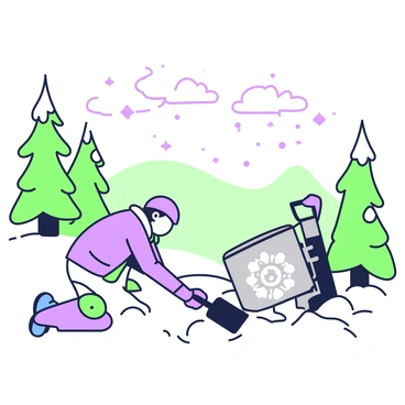 A time capsule is being dug up from deep snow in a winter wonderland. The capsule is metallic with intricate designs on its surface, partially buried in a thick layer of white snow. Snowflakes are gently falling from a cloudy sky above. Around the capsule, the landscape is filled with tall evergreen trees dusted with snow. In the background, there are rolling hills covered in a pristine white blanket. A person dressed in warm winter clothing is kneeling beside the capsule, holding a shovel. The scene conveys a sense of curiosity and adventure in the frosty environment.