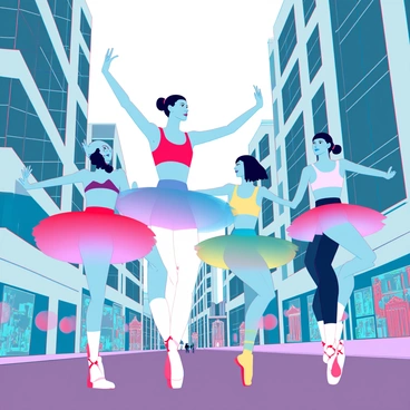 A group of ballet dancers in elegant poses, showcasing their grace and precision. They wear colorful tutus and fitted tops, with a mix of vibrant hues such as pink, blue, and yellow. The dancers are positioned in an urban setting, surrounded by tall, modern buildings with sleek glass facades and graffiti art on the walls. Some dancers leap gracefully, while others balance on one foot, displaying their strength. The city street below is bustling with life, featuring onlookers captivated by the performance. Bright streetlights illuminate the scene, creating a lively atmosphere.