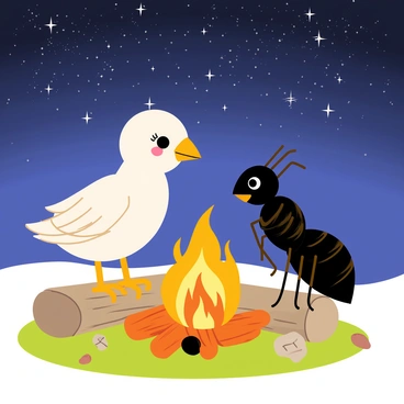 A white colombe with delicate feathers is perched on a small log, facing an ant with a shiny, black exoskeleton. The two are engaged in conversation, sharing stories. The campfire in front of them is crackling, with bright orange flames and glowing embers illuminating their faces. Above them, a night sky filled with twinkling stars forms a stunning backdrop. Surrounding the campfire, there are a few scattered pebbles and patches of green grass. The atmosphere is warm and inviting, reflecting the camaraderie between the colombe and the ant.