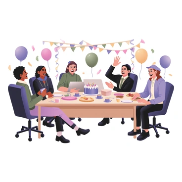 A group of employees celebrating together in a festively decorated office. There are colorful balloons of various sizes and shapes floating around the room. The table is filled with a variety of food items, including a large cake, snacks, and drinks. The employees are of diverse backgrounds, with a mix of genders and ages. Laughter and cheerful expressions are evident on their faces as they engage in conversation. One employee is holding a balloon while another is reaching for a piece of cake. Streamers and colorful decorations are adorning the walls and ceiling of the office, creating a vibrant atmosphere.