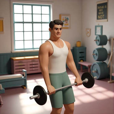 A classic bodybuilder, with a muscular physique and wearing a tight-fitting tank top, is performing barbell rows in a vintage gym. He has a determined expression on his face as he bends slightly at the hips, holding a heavy barbell with both hands. The gym is filled with old-fashioned equipment, such as wooden benches and vintage weights, reflecting a nostalgic atmosphere. The walls are adorned with motivational posters, and there is a large window letting in natural light, casting shadows on the gym floor, creating a dramatic effect.
