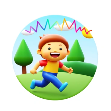 A joyful child running outside while playing tag. The child has a bright smile and is wearing colorful clothing. In the background, there are green trees and a sunny sky. A heart rate graphic in vibrant colors is displayed above the child, indicating excitement and energy.