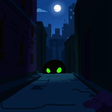 A pair of glowing green eyes peers from the shadows of a twisted alley. The alley is narrow, lined with weathered brick walls and scattered debris. A faint glimmer of moonlight filters in, illuminating parts of the ground, while the rest remains cloaked in darkness. The surrounding cityscape features buildings with a mix of old and modern architecture, their outlines barely visible in the low light. The atmosphere is tense, emphasizing the watchful presence of the eyes in the gloom.