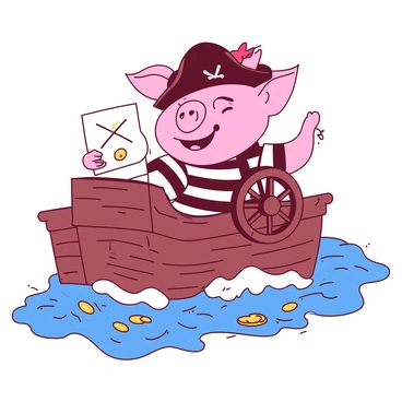 A pink pig dressed in a black pirate hat and a striped shirt is confidently steering a wooden ship with a large steering wheel. The pig has a playful expression, with one eye squinting as it navigates through the waves. In its left hoof, the pig holds a rolled-up treasure map decorated with an "X" marking a hidden treasure spot. The ship's deck is adorned with a few scattered gold coins that glint in the sunlight. Behind the pig, the open sea stretches out, with gentle waves lapping against the side of the ship.