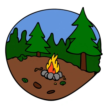 Animal footprints in the soft earth leading towards a small, warm campfire surrounded by rocks in a forest clearing. The campfire glows with bright orange and yellow flames, casting light on nearby trees and underbrush. There are scattered twigs and leaves around the fire, adding to the natural setting. The sky above is a deep blue, indicating twilight, while shadows dance around the campfire from the gentle flickering light.