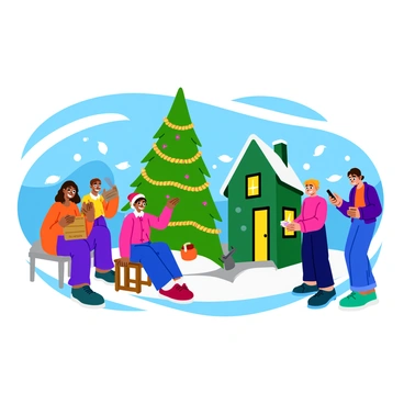 A cozy holiday scene depicting two distinct families preparing for the festivities. On one side, a family is stringing colorful handmade decorations across a vibrant green tree. The decorations include paper garlands, woven ornaments, and small craft items, all showcasing a personal touch. The family members are smiling and interacting happily, with a sense of warmth surrounding them. On the other side, another family is using bright, glowing digital lights, effortlessly controlling them from a smartphone. Their home is adorned with modern, animated light displays that pulse and change colors. Both families are situated in a snowy outdoor setting, with soft white snowflakes gently falling around them, creating a cheerful and festive atmosphere.