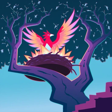 A fiery phoenix with vibrant red, orange, and gold feathers is perched on a nest made of glowing embers and twigs, high in the branches of an ancient, gnarled tree. The tree has thick, textured bark with twisting limbs and lush, green leaves that shimmer with a hint of magic. The nest radiates a warm light, illuminating the surrounding area. In the background, the sky is a deep twilight blue, hinting at the approach of night, with scattered stars beginning to twinkle. The scene conveys a sense of wonder with the phoenix's wings slightly spread, as if ready to take flight.