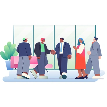 A diverse group of five stakeholders is standing in an office lobby, engaging in a handshake. There are three men and two women, each with varying skin tones and hairstyles, wearing professional attire. The first man has dark skin and is dressed in a navy suit with a light blue tie. The second man has medium skin and is wearing a gray suit with a white shirt. The first woman has light skin and is in a black blazer with a green blouse, while the second woman has dark skin and is dressed in a red dress. Behind them, large glass windows allow natural light to pour into the lobby, illuminating the sleek marble floor and modern furniture. A large potted plant is positioned in one corner, adding a touch of greenery to the scene.