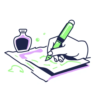 A right hand is positioned delicately above a piece of aged paper, holding a fountain pen poised for writing. The hand is slender, with neatly manicured fingers. The paper has visible creases and a slightly curled edge, indicating its age. The fountain pen has an ornate design and a glint of light reflecting off its nib. In the background, there is a softly blurred vintage ink bottle, adding context to the scene. Subtle shadows are cast on the paper, enhancing the dimensions of the composition.