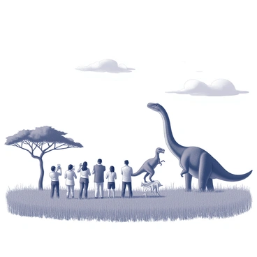 A safari scene set in a savanna landscape with tall grass and scattered acacia trees. In the foreground, a group of tourists is taking photos, holding cameras and smartphones, capturing the moment. In the background, several dinosaurs are visible, including a large Brachiosaurus and a small Velociraptor. The dinosaurs are depicted in natural poses, with the Brachiosaurus reaching high into a tree while the Velociraptor crouches nearby. The sky above is clear with a few clouds scattered.