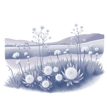 A landscape featuring a variety of fynbos plants in full bloom. The scene is filled with different species of flowering plants, showcasing their unique shapes and textures. In the foreground, there are clusters of flowering proteas with large, spiky blooms, alongside delicate heaths with small, vibrant flowers. The background consists of a rolling landscape dotted with additional fynbos varieties, contributing to a rich tapestry of plant life. The sky is clear, suggesting a bright, sunny day.