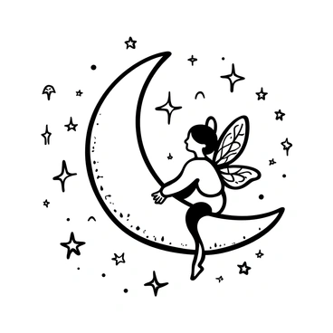 A fairy with intricate, detailed wings is perched on a crescent moon. The moon has a textured surface and distinct curves. Surrounding the moon are numerous stars of varying sizes, each with sharp points and clear outlines. The setting creates a magical ambience, emphasizing the fairy's delicate form against the celestial backdrop.