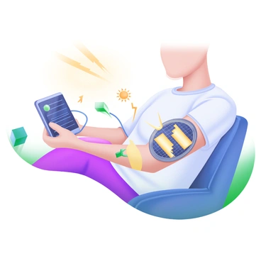 A modern pastel illustration depicting a person with a visible "solar energy skin patch implant" on their arm. The patch is circular and features small solar panels with a glowing effect, indicating energy absorption. The person is sitting comfortably in a bright environment, holding a device that is connected to the patch via a thin, flexible wire. Sunlight is streaming down, illuminating the patch and highlighting its design. Various small icons representing energy flow, such as lightning bolts or solar symbols, are shown emanating from the patch towards the device.