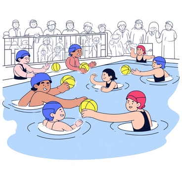 Two water polo teams are engaged in an intense match within a swimming pool. One team is wearing blue caps, while the other team is wearing red caps. Several players from both teams are splashing in the water, with some reaching out to grab a yellow water polo ball. The expressions on their faces show determination and focus. The pool's tiles are visible beneath the clear blue water, and the scene is surrounded by spectators in the background, creating a dynamic atmosphere.
