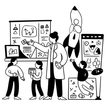 Professor Shonku standing at a science fair, wearing a lab coat and holding a clipboard. He is surrounded by excited children who are pointing at various futuristic displays. One display features a model rocket, while another showcases a robotic arm. There are colorful posters with scientific diagrams in the background. The children are engaged, with some holding small gadgets and others looking at interactive exhibits.