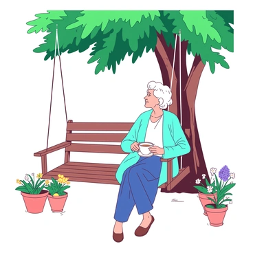 An elderly person with silver hair is sitting on a wooden porch swing. The swing is gently swaying back and forth under the shade of a large green tree. The person is wearing a light blue cardigan and holding a warm cup of tea in their hands. Their expression is thoughtful, gazing off into the distance as they wait for the arrival of friends. Around the porch, there are several colorful flower pots filled with blooming flowers. A soft breeze is rustling through the leaves, adding a sense of tranquility to the scene.