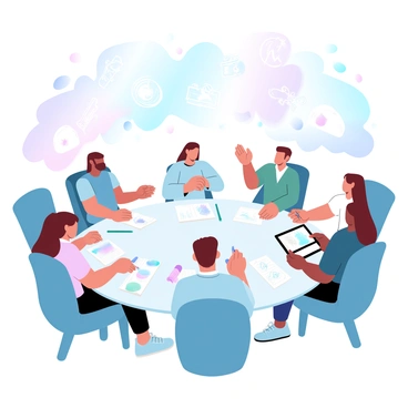 A group of illustrators sits around a large, round table covered with sketches, color palettes, and art supplies. Each illustrator has a unique style that reflects their background, contributing different techniques and materials to the project. One illustrator is working with vibrant watercolors, another is using ink pens to create detailed line art, while a third is developing digital illustrations on a tablet. Various sketches in front of them exhibit an array of styles and ideas, showcasing their collaborative spirit. A large mural on the wall behind them features a blend of their artistic styles, creating a colorful and cohesive representation of their teamwork.