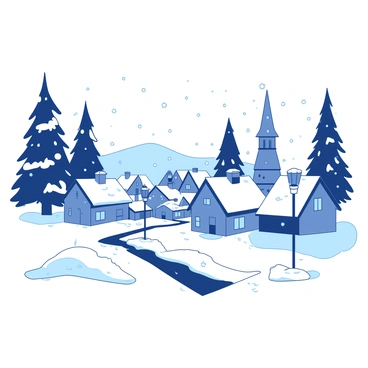 A peaceful scene of silent snowfall blanketing a town