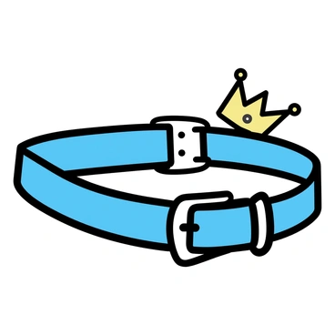 A dog collar, made of rich blue velvet, features a small detachable crown. The crown is golden and adorned with tiny sparkling jewels, reflecting light elegantly. The collar has an adjustable strap, showcasing a polished silver buckle. The overall design emphasizes the luxury suitable for a royal pup, highlighting both comfort and style.