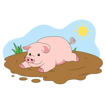 A small, cheerful piglet with light pink skin and big, sparkling eyes is rolling around in a large, circular puddle of brown mud. Its tiny ears flop joyfully as it playfully splashes mud around. The sun shines brightly in a clear blue sky, casting warm light on the scene. Nearby, a few green blades of grass peek out from the edges of the puddle. The piglet has a wide smile and a tail that curls up happily, emphasizing its playful mood.