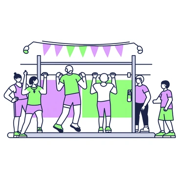 A community leisure center features a dedicated pull-up area with multiple horizontal bars. A diverse group of people of various ages is engaged in pull-ups. On the left, a young woman with a ponytail is performing a pull-up, her focus evident. Next to her, an older man with gray hair is using a slightly wider grip on the bar. To the right, a teenage boy is in mid-pull-up, showcasing his strength. In the background, a middle-aged woman is observing them while holding a water bottle. The lively atmosphere is enhanced by colorful banners hanging from the walls.