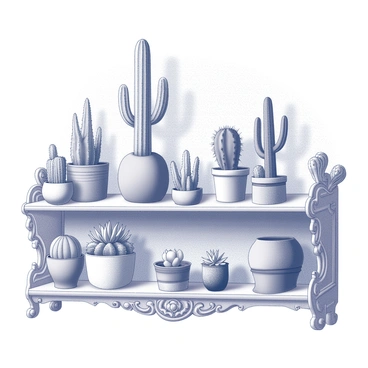 An array of various cacti and succulents is arranged on ornate Victorian shelves. The shelves are intricately carved with decorative flourishes, showcasing the craftsmanship of the period. Each plant varies in shape and size, featuring spiky cacti with distinct textures and rounded succulents with plump leaves. Some plants are housed in decorative pots, while others sit directly on the shelves. The background features a slightly patterned wallpaper that complements the aesthetic of the shelves. The lighting emphasizes the details of the plants and the elegance of the shelf design.