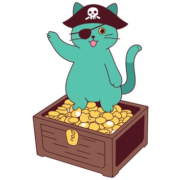 A teal cat dressed in a pirate costume is standing proudly on top of a large, wooden treasure chest. The cat wears a black pirate hat adorned with a white skull emblem. An eye patch covers one of its eyes, adding to its fierce pirate appearance. The treasure chest is overflowing with gold coins and shiny jewels, glimmering in the light. The cat has one paw raised as if ready to defend its treasure.