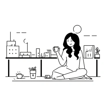 A girl sitting cross-legged on a balcony, holding a teacup in her right hand. She has long hair cascading over her shoulders, and she is wearing a light, flowing dress. The balcony has a small table with a teapot and an open book on it. The girl is gazing out at the city skyline, with buildings and rooftops visible in the background. The sun is low on the horizon, casting shadows and creating a warm ambience around her. Small plants are placed on the railing, adding detail to the scene.