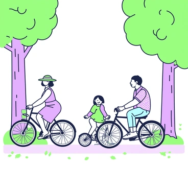 A scene depicts people riding vintage bicycles along a path lined with tall trees. To the left, a woman with a straw hat is pedaling a floral-patterned bicycle, smiling as she rides. Beside her, a man is on a classic bicycle, wearing a checked shirt and jeans, glancing at her. A child in a brightly colored outfit rides a smaller bike, joyfully trailing behind them. The trees on either side of the path have thick trunks and a dense canopy, providing shade. The ground is covered with fallen leaves, and a gentle breeze rustles the branches above.