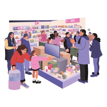 A digital flat illustration of a crowded store during a Black Friday sale. The scene is filled with a diverse group of people, including a woman with curly brown hair wearing a red sweater and jeans, reaching for a large television box. A tall man with short black hair in a blue jacket is bending down to pick up a discounted blender. A young girl with pigtails in a pink dress is excitedly holding a doll, while her mother, who has straight black hair and is wearing a purple coat, is pointing towards a pile of discounted toys. The store shelves are stacked high with colorful products, and bright sale signs indicating "50% off" are visible throughout the scene. Some shoppers are using shopping carts, while others are carrying bags filled with items. The atmosphere is dynamic, highlighting the excitement and hustle of the shopping event.
