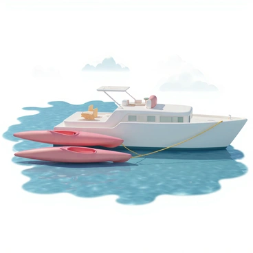 A luxurious yacht is anchored in sparkling blue water, with two bright red kayaks tied securely to its side. The kayaks are sleek and glossy, reflecting the sunlight. The yacht is white with a polished finish, featuring a spacious deck area with sun loungers and a small table. The scene conveys a sense of anticipation and adventure, with clear skies above and distant mountains visible on the horizon. The water ripples gently around the yacht and kayaks, enhancing the excitement of the upcoming adventure.