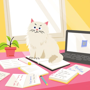 A fluffy ragdoll cat with striking blue eyes is sitting on a student's desk. The desk is cluttered with scattered papers, some displaying handwritten notes and a few open textbooks. A colorful pen lies beside a notebook filled with doodles. The cat appears relaxed, its long fur slightly tousled, as it gazes curiously at a small plant placed at one corner of the desk. A laptop rests on the opposite side, partially closed, with a sticky note attached to the screen. Sunlight streams through a nearby window, casting gentle shadows across the scene.