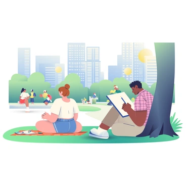 Two illustrators are sitting on a grassy area in a city park, each focused on capturing urban scenes in their sketchbooks. One illustrator is a woman with light brown hair tied back in a bun, wearing a loose, white blouse and denim shorts. She is seated cross-legged on a picnic blanket, with a set of colored pencils scattered around her. The second illustrator is a man with curly black hair, dressed in a short-sleeve, plaid shirt and khaki pants. He is leaning back against a tree trunk, holding a charcoal pencil and sketching on a large, open sketchbook. In the background, there are tall city buildings, a walking path, and a few people enjoying the park, like joggers and families. The sun is shining, casting soft shadows on the grass and the illustrators.