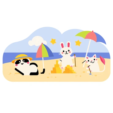 A group of kawaii characters enjoying a sunny day at the beach. There are three characters: one is a cute panda wearing sunglasses and a colorful beach hat, another is a cheerful bunny holding a small pink umbrella, and the third is a happy cat building a sandcastle. The beach is filled with soft golden sand, and the bright blue ocean sparkles under the sun. Colorful beach umbrellas are scattered around, providing shade. In the background, there are fluffy white clouds in the blue sky.