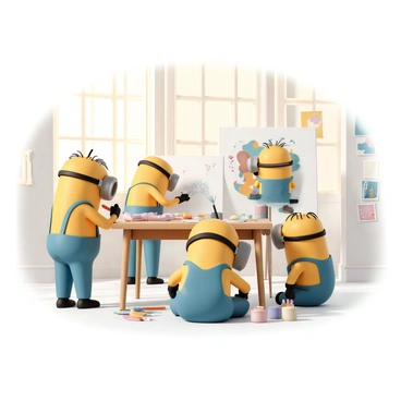 A group of three Minions, with their signature yellow skin and blue overalls, are gathered around a wooden table in a bright art studio filled with sunlight. One Minion is sketching on a large sheet of white paper with a black pencil, focusing intently on their work. Another Minion is standing beside a canvas, using colorful paints to create a vibrant scene, while splashes of paint dot their overall. The third Minion is seated on the floor, surrounded by art supplies, with a paintbrush in hand, looking excited and ready to join in. The studio has large windows letting in warm sunlight and is decorated with various art pieces hanging on the walls.