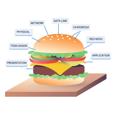 A hamburger with seven distinct layers is placed on a wooden cutting board. Each layer of the hamburger is clearly labeled to represent the OSI model layers. The bottom layer is a toasted sesame seed bun, followed by a slice of lettuce, which is green and crisp. Next is a juicy beef patty, topped with a slice of melted cheddar cheese, and above that is a layer of ripe tomato slices. The sixth layer features crunchy pickles, and the top layer consists of a second toasted sesame seed bun. Each layer is labeled with the names of the OSI layers: "Physical", "Data Link", "Network", "Transport", "Session", "Presentation", and "Application". The labels are neatly placed on toothpicks, sticking out from each layer, providing a clear view of each one.