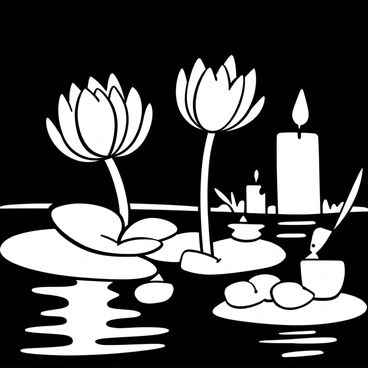 Lotus flowers with delicate petals resting on still water, illuminated by flickering candlelight. The soft glow from the candles casts gentle shadows on the water's surface, creating a tranquil atmosphere. Several candles of various heights are placed nearby, their flames dancing in the evening breeze. The overall scene is serene and peaceful, capturing the essence of a calm evening gathering.