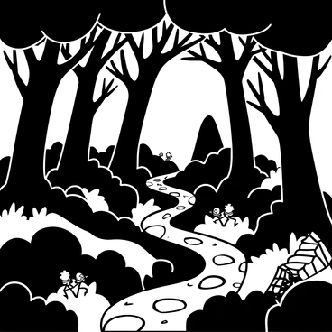 A dense forest with towering trees and thick foliage, where intricate branches twist overhead. The ground is covered in lush undergrowth, with shadows playing between the plants. Winding paths made of luminous stones meander through the forest, casting an eerie glow. Small, hidden creatures peek from behind the trees and bushes, blending into the surroundings with their camouflaged bodies. The atmosphere is filled with a sense of intrigue and wonder, as the forest seems to come alive with silent movements.