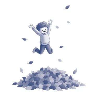 A child is leaping into a large pile of fallen leaves. The child has curly hair and is wearing a cozy sweater and jeans. The leaves are various shapes and sizes, scattered around the child as they jump. The child’s arms are raised high in the air, expressing excitement. The scene captures the dynamic movement, with leaves flying upwards as the child makes contact with the pile.