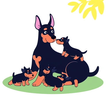 A mother Doberman with a shiny black and tan coat is sitting attentively on a grassy patch. She has a gentle expression, with her ears perked up and her eyes focused on her playful puppies. Surrounding her are three small Doberman puppies, their coats resembling their mother’s, featuring the same black and tan coloring. One puppy is playfully tugging at the mother’s ear, while another is playfully rolling on its back, and the third is nuzzling against her side. The scene captures a warm and nurturing atmosphere, with sunlight filtering through the leaves above.