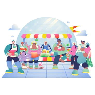 A vibrant marketplace located on a futuristic space station is bustling with activity. Various alien species are engaged in trading a multitude of goods. There are tall, slender aliens with blue skin selling glowing fruits, while short, round creatures with green skin are offering shimmering fabrics. In the background, a vendor with four arms is displaying intricate gadgets and tools, attracting the attention of several shoppers. Colorful banners hang from above, fluttering softly in the artificial breeze. The floor is made of sleek metallic tiles, and a transparent dome above reveals a starry sky dotted with distant planets.