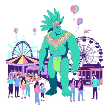 A teal Goliath stands majestically in the center of a vibrant carnival, dwarfing the surrounding rides. The Goliath is adorned with colorful accessories, including a large feathered headdress and a bright tunic that shimmers in the light. Around the Goliath, people of various ages are enjoying the carnival atmosphere, with some taking photos while others are laughing and cheering. Brightly lit rides, including a spinning Ferris wheel and colorful carousel, encircle the Goliath, creating a lively backdrop. Above, colorful balloons float in the sky, adding to the festive ambiance. The scene encapsulates the energy and excitement of the carnival.