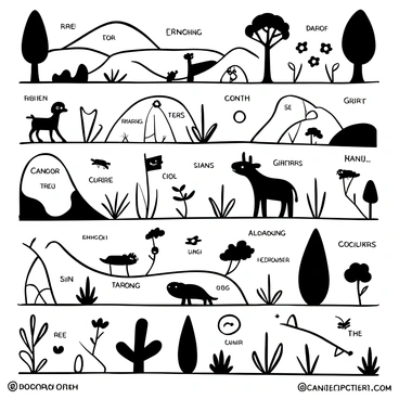 A detailed visual chart showing various species in a habitat. The chart includes multiple sections, each representing different species such as trees, plants, and animals. Illustrations of the species are depicted with clear labels underneath, highlighting their names. The background contains a stylized representation of the habitat, with elements like hills, water, and flora. Each species is illustrated in black and white, creating a cohesive visual narrative of biodiversity.