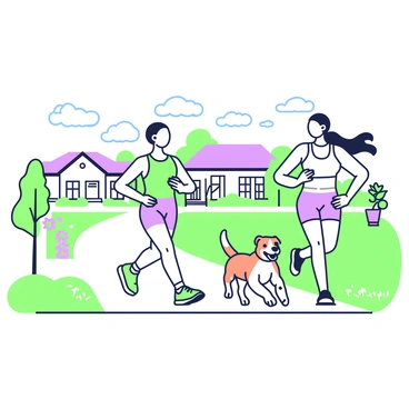 A woman is jogging along a sidewalk in a suburban neighborhood. She has long hair pulled back into a ponytail and is wearing a fitted athletic tank top and shorts. Next to her, an energetic dog is running happily, its tail wagging enthusiastically. The dog is a medium-sized breed with a shiny coat. On either side of the sidewalk, neatly trimmed lawns and colorful flower beds are visible, along with a few houses in the background, each with distinct architectural features. The sun casts soft shadows along the path as they continue their jog.