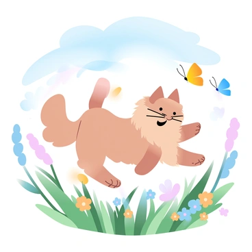 A fluffy Persian cat with long, soft fur is playfully chasing colorful butterflies in a vibrant meadow filled with various wildflowers. The cat is in mid-pounce, with its paws slightly lifted off the ground. The butterflies flutter around, showcasing bright hues of yellow, blue, and orange. Tall grass sways gently in the breeze, surrounding the scene, and a clear blue sky with soft, fluffy clouds is visible above. The meadow is illuminated by warm sunlight, enhancing the cheerful atmosphere of the moment.